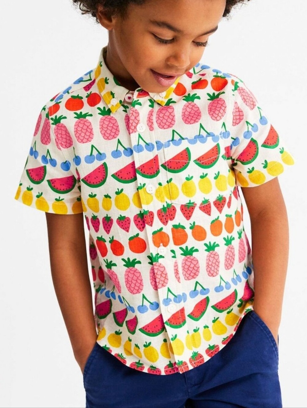 Mini Boden Boys Fruit Print Linen Cotton Button Down Shirt 3-4 Year Short Sleeve
